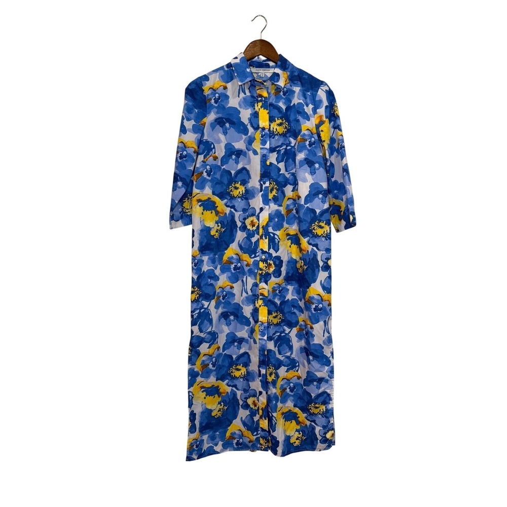 Julia Jordan Blue Yellow Floral Button Front Maxi Shirt Dress 2 Chic Preppy